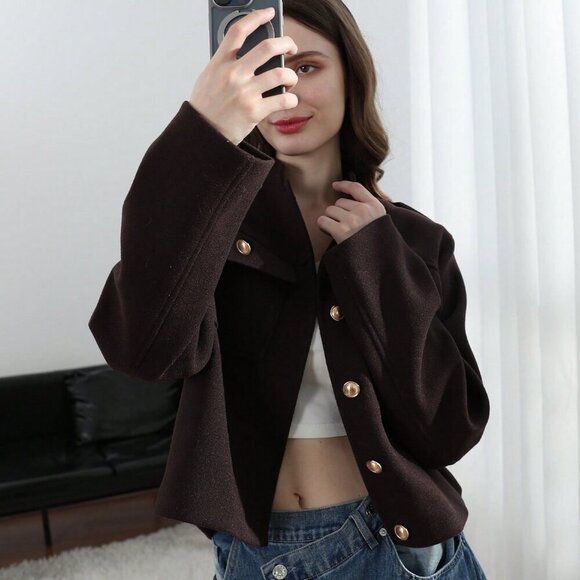 Brown Casual Women's Pockets detailed Single button Jacket - Picture 4 of 11